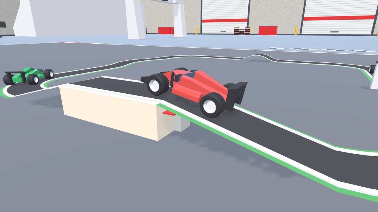 Race cars climbing over the flyover bridge