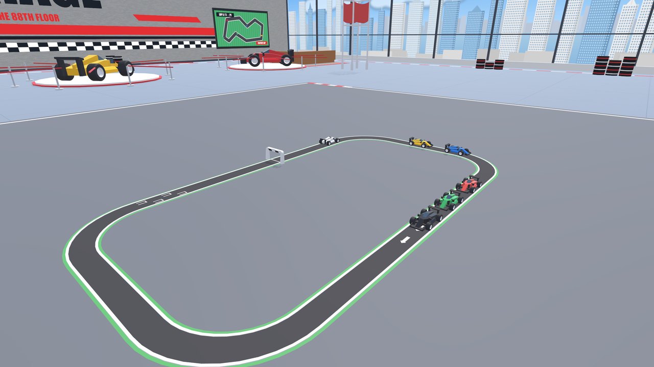 Six race cars on the Speedway circuit